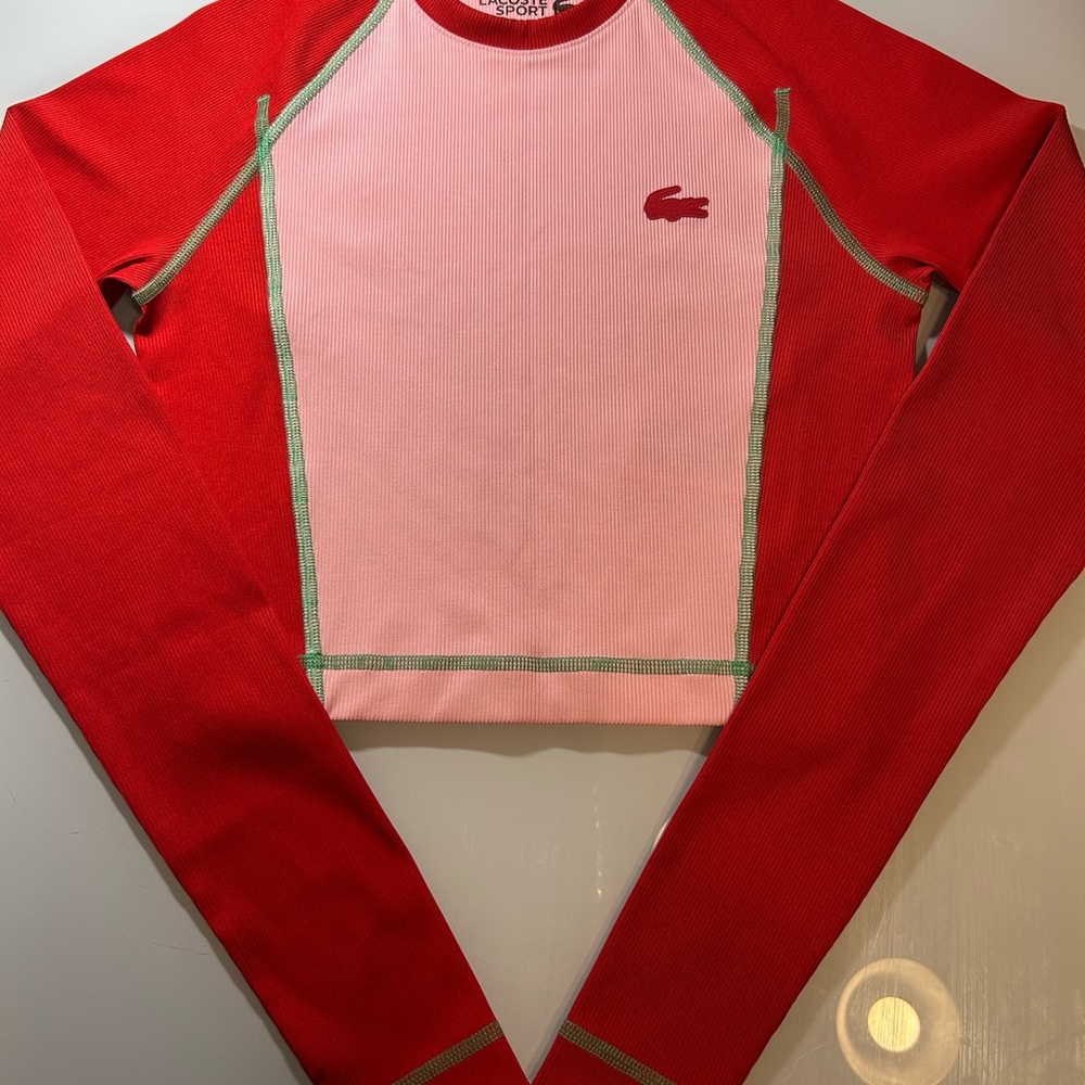 Lacoste Pink and Red Long Sleeve Cropped Sport Top